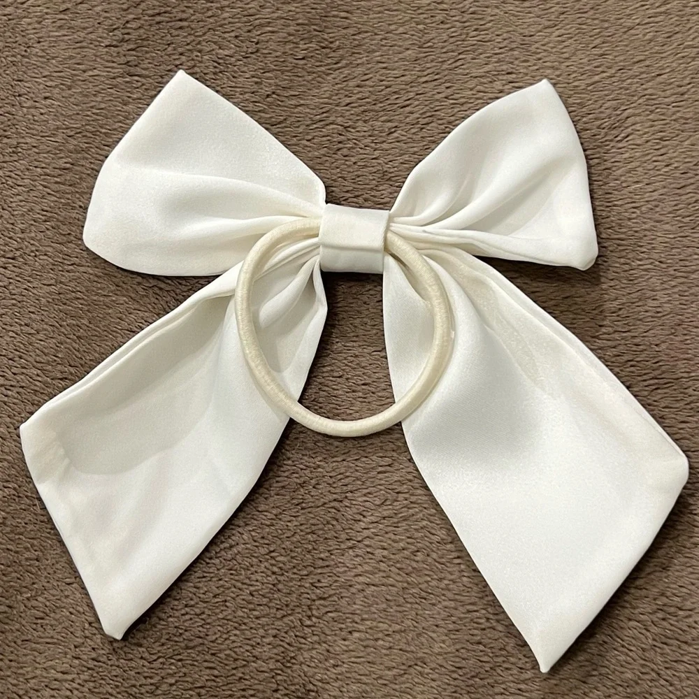 Elegant Satin Bow Hair Tie Lot of 2 Girly Ponytail Holders Black Off White